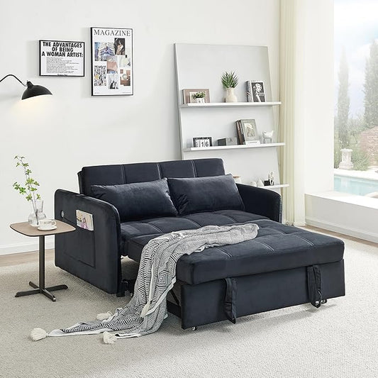 55.5" Velvet Convertible Sofa Bed, Pull Out Sleeper Sofa Bed, Loveseat Couch with USB Charging Ports, 3 in 1 Convertible Sleeper Sofa Bed for Living Room, Apartment, Bedroom, RV, Black