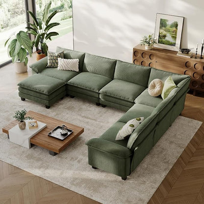 LINSY HOME Modular Sectional Sofa 6 Seat Couch Corduroy Cloud Couch with Deep Seat, Modern C-Shaped Cloud Couch for Living Room, Office, Bedroom, Green