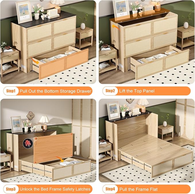 VINGLI Full Size Rattan Murphy Bed with Storage Drawer,2 Charging Station, Boho,Hideaway Paltform Panel Bed for Small Spaces,Guest Room,Office,Apartment, Space-Saving Cabinet Bed,Oak White