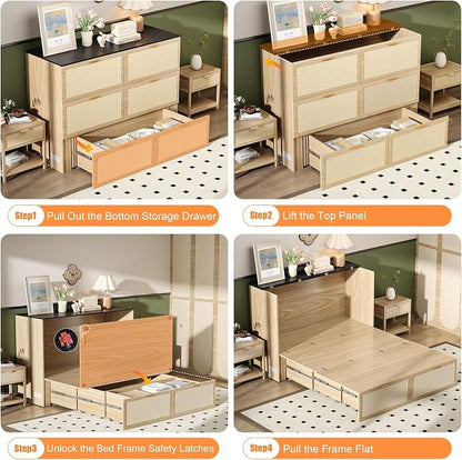 VINGLI Full Size Rattan Murphy Bed with Storage Drawer,2 Charging Station, Boho,Hideaway Paltform Panel Bed for Small Spaces,Guest Room,Office,Apartment, Space-Saving Cabinet Bed,Oak White