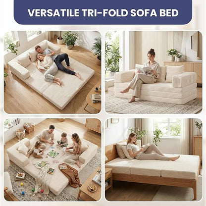 Convertible Sofa Bed Couch, 78’’ Oversized 4-in-1 Boneless Couches with Removable Armrests Backrest, Corduroy Futon Sofa Bed, Foldable Mattress Sleeper Sofa for Living Room Bedroom (Beige)