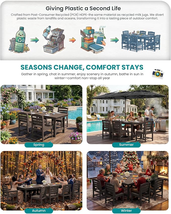 SERWALL Patio Dining Sets for 6 Person, HDPE Dining Set with 6 Armless Chairs, Coffee