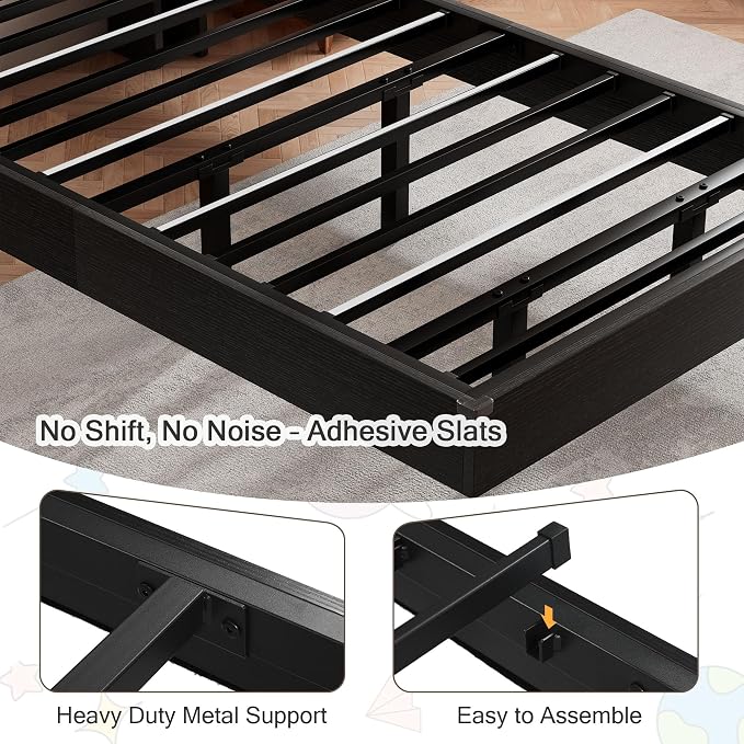 Einhomn Twin Bed Frames with LED Lights and Charging Station - Wood Floating Bed Frame with Storage Headboard, Adhesive Slats, Kick-Free & Noise-Free Design, Easy Assembly, Black