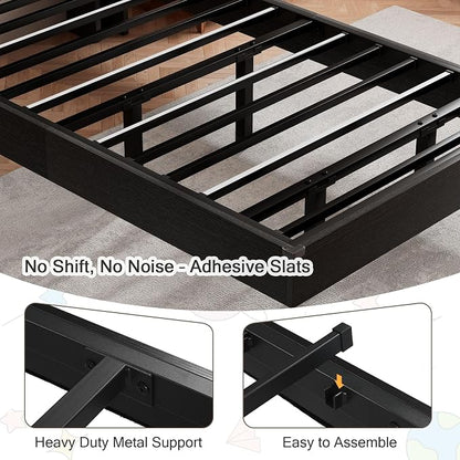 Einhomn Twin Bed Frames with LED Lights and Charging Station - Wood Floating Bed Frame with Storage Headboard, Adhesive Slats, Kick-Free & Noise-Free Design, Easy Assembly, Black