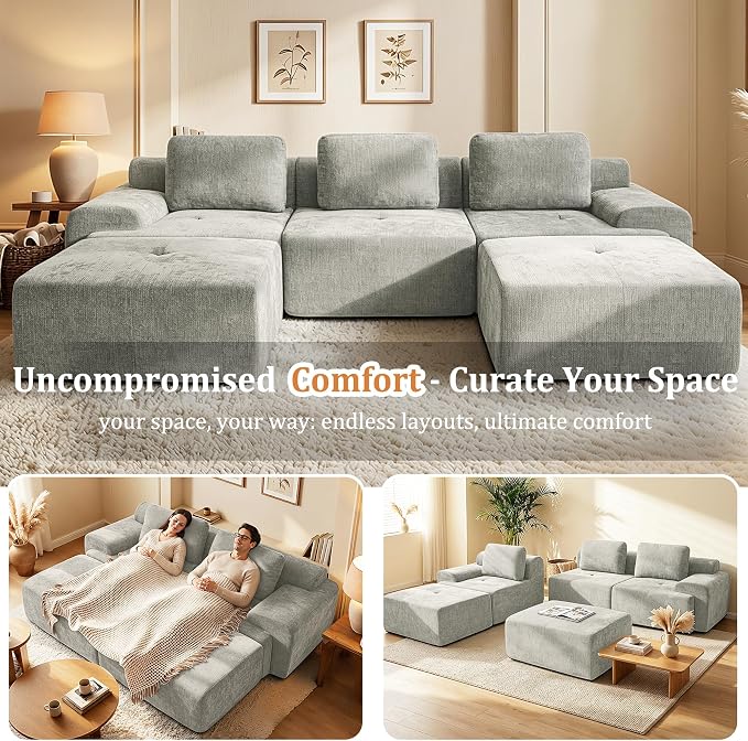 85" L Shaped Oversized Boneless Couch, Comfort Cloud Sectional Couches for Living Room, Modular Sofa High Back & Extra Deep Seat, No Assembly, Soft Chenille (Light Grey, 85 inch- L shaped（2+1）)