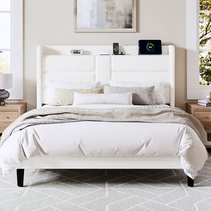 Allewie Full Size Platform Bed Frame with Charging Station & Storage Headboard, Upholstered Velvet Wingback Design & USB Port, Strong Wooden Slats Support, No Box Spring Needed, Easy Assembly, White
