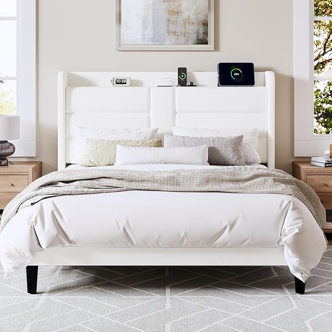Allewie Queen Size Platform Bed Frame with Charging Station & Storage Headboard, Upholstered Velvet Wingback Design & USB Port, Strong Wooden Slats Support, No Box Spring Needed, Easy Assembly, White