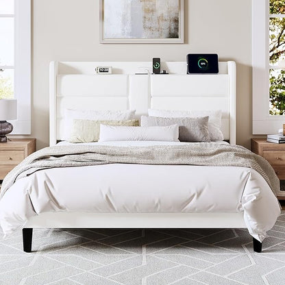 Allewie Queen Size Platform Bed Frame with Charging Station & Storage Headboard, Upholstered Velvet Wingback Design & USB Port, Strong Wooden Slats Support, No Box Spring Needed, Easy Assembly, White