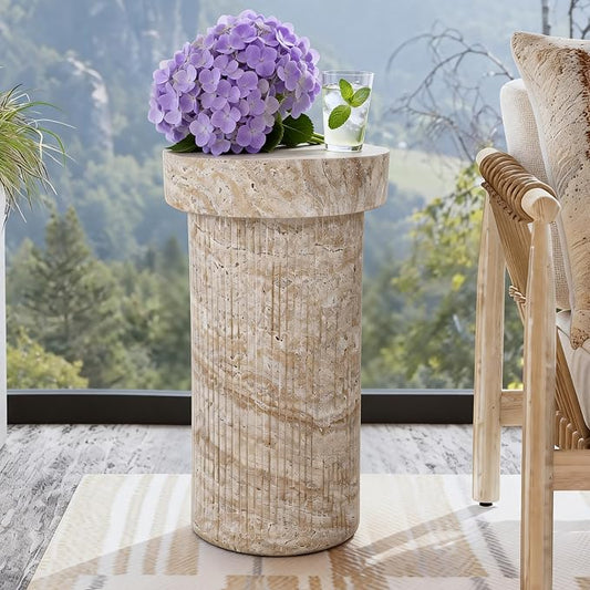 Side Table, 24" Travertine Pedestal End Table, 3-in-1 Durable Lightweight Outdoor Round Coffee Table, Decorative Patio Accent Table Fluted Garden Stool Art Decor for Balcony, Living Room, Beige