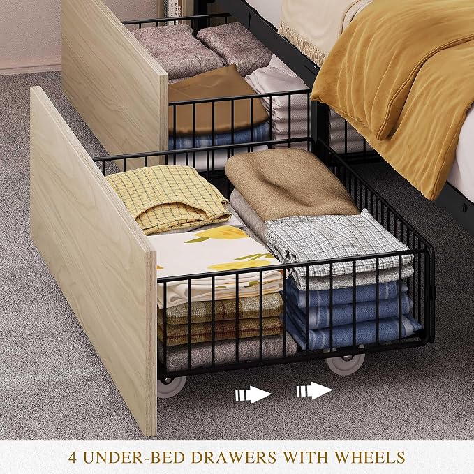 YITAHOME King Bed Frame with Bookcase Headboard and 4 Storage Drawers, RGB LED Light Bed with Type-C & USB Charging Station Storage Headboard Bed Frame, No Box Spring Needed, Noise Free, Antique White