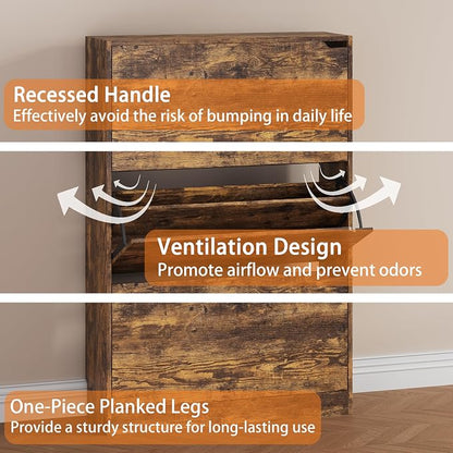 Shoe Storage Cabinet, Wood Shoe Organizer for Entryway with 3 Flip Drawers, Freestanding Shoe Rack with Adjustable Shelf, Narrow Shoe Dresser for Front Door Entrance (Brown, 3 Drawers)
