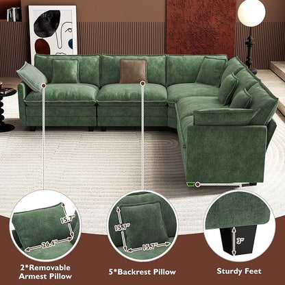 Ihanherry 114" V-Shaped Modern Sofa Modular Sectional Cloud Couch with Corner Section, 5-Seat Chenille Deep Seat Sofa with 5 Pillows for Living Room, Bedroom and Apartment, Green