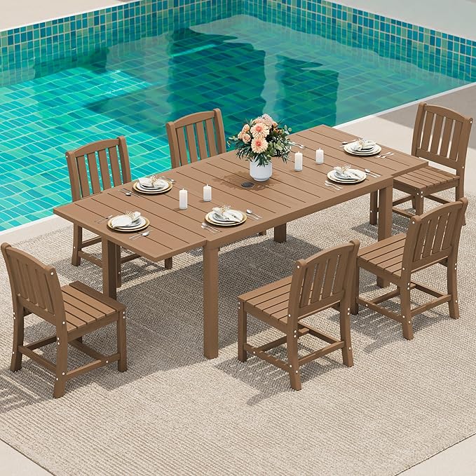 SERWALL Outdoor Patio Dining Set for 6, Brown | 60" - 83" Expandable Outdoor Dining Table and 6 HDPE Chairs, All Weather Material Outdoor Furniture Set Backyard, Garden