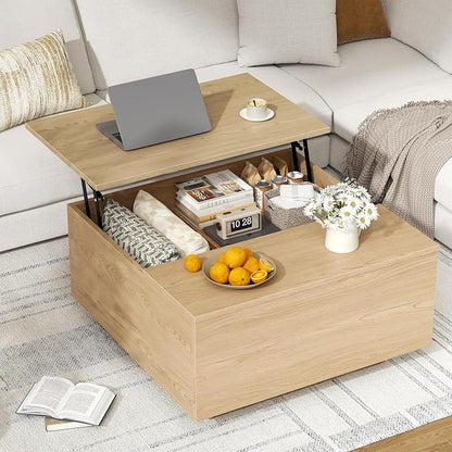FABATO Lift Top Coffee Table, Wood Square Coffee Table with Storage, Farmhouse Coffee Tables with Hidden Storage Compartment, Center Table with Lifting Tabletop for Living Room, Home Office, Natural