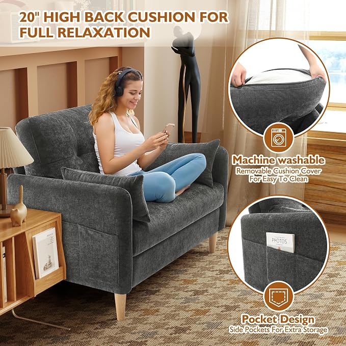Urhanherry 47" Small Sofa Couch for Bedroom, Soft Chenille loveseat Mini Couch with Throw Pillow and Removable Cushion Cover for Small Spaces, Living Room, Apartment, Dorm, Office(Dark Grey)