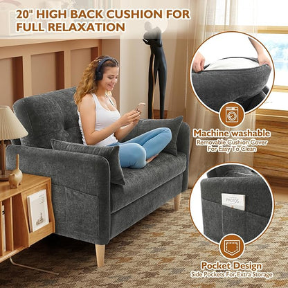 Urhanherry 47" Small Sofa Couch for Bedroom, Soft Chenille loveseat Mini Couch with Throw Pillow and Removable Cushion Cover for Small Spaces, Living Room, Apartment, Dorm, Office(Dark Grey)