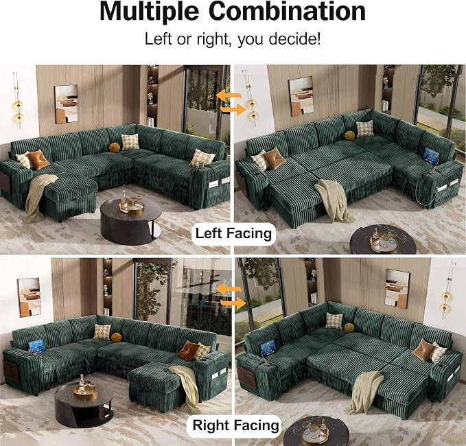Vipbear 111" Modular Sectional Sleeper Sofa with Pull Out Bed, 7 Seat Corduroy L Shaped Couch with Ottoman|USB Ports|Cup Holders|Side Table|Storage Armrest, Tool Free Assembly, Green