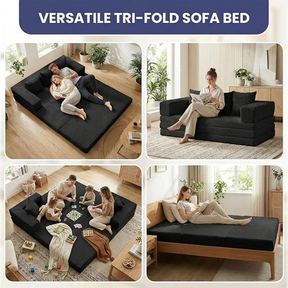 Convertible Sofa Bed Couch, 78’’ Oversized 4-in-1 Boneless Couches with Removable Armrests Backrest, Corduroy Futon Sofa Bed, Foldable Mattress Sleeper Sofa for Living Room Bedroom (Black)