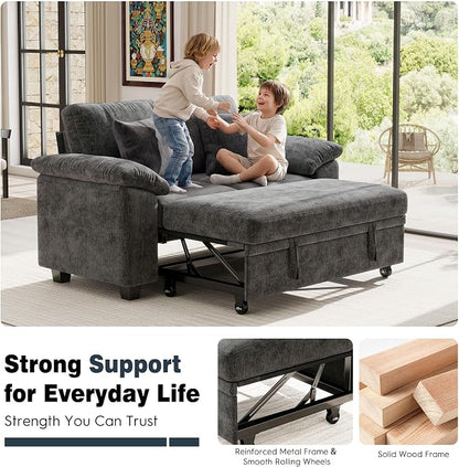 Ihanherry 61" Loveseat Sleeper Sofa, 2-in-1 Pull Out Couch Bed with 2 Pillows, Chenille Convertible Sofa Bed, Small Space Sleeper Couch for Living Room Apartment (Grey)
