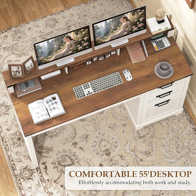 Vabches 55" Farmhouse Executive Desk with 3 Drawers, Wooden Computer Desk Home Office Desk with File Drawer (Fits A4 Size) for Work and Study, White Brown