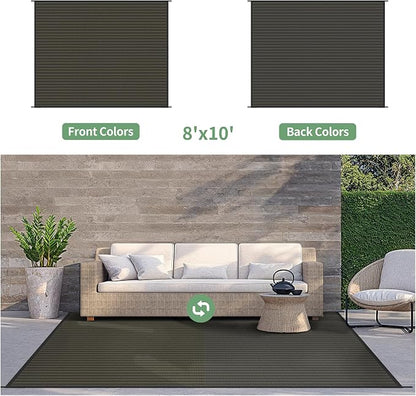 GENIMO Outdoor Rug for Patio Clearance, 8'x10' Reversible Plastic Straw Rugs, Lightweight Waterproof RV Camping Mat for Camper, Balcony, Deck, Backyard, Picnic, Black & Brown