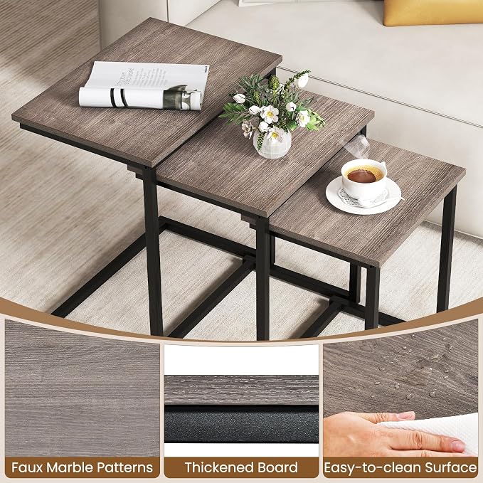 GOFLAME Nesting Coffee Tables Set of 3, Rectangular Nesting Center Table with Wood Grain Top & Metal Frame, Modern C-Shaped Nested Side Table Set for Living Room, Bedroom, Black & Oak