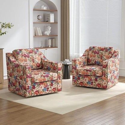 Swivel Accent Chairs Set of 2, 360° Swivel Upholstered Club Armchairs for Living Room, Comfy Fabric Single Sofa Reading Chair with Deep Seat, Metal Swivel Base, Beige Floral