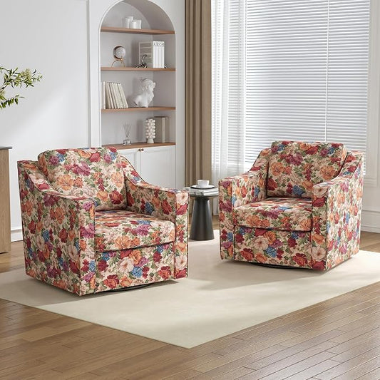 Swivel Accent Chairs Set of 2, 360° Swivel Upholstered Club Armchairs for Living Room, Comfy Fabric Single Sofa Reading Chair with Deep Seat, Metal Swivel Base, Beige Floral
