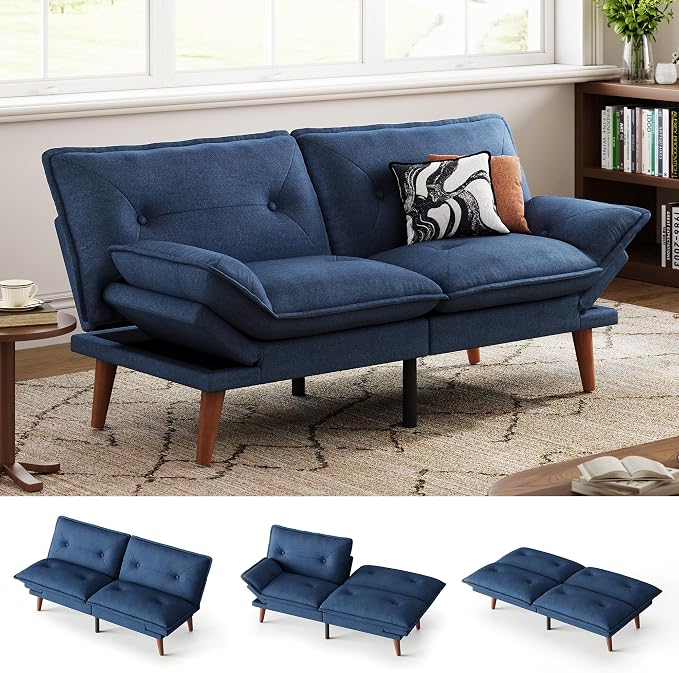 LINSY HOME Futon Sofa Bed, 70" Chenille Futon Couch with Adjustable Backrest Armrest, 3 in 1 Convertible Comfy Loveseat Sleeper Sofa Bed for Small Spaces Dorm Room Apartment Home Office, Dark Blue