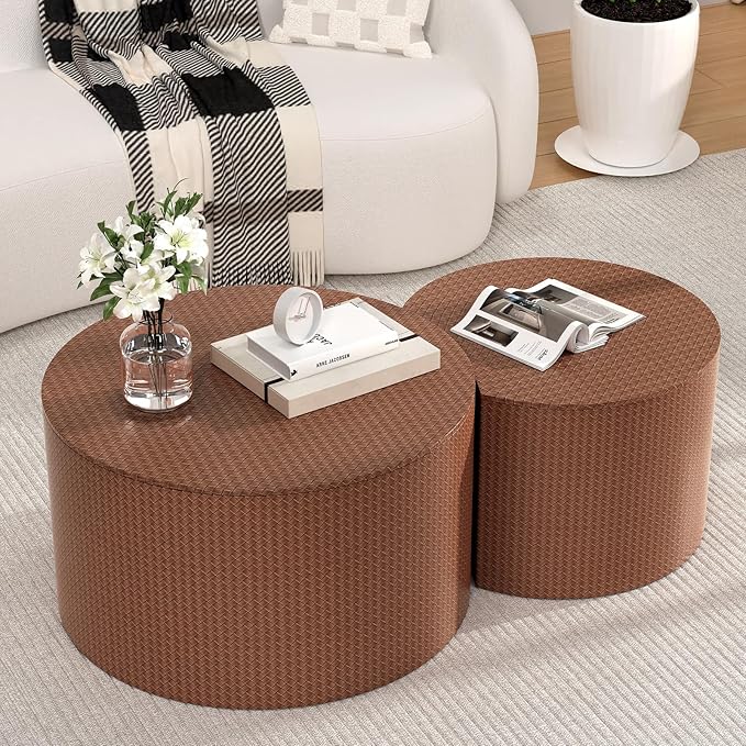 Round Nesting Coffee Table Set of 2 Modern Round Walnut Coffee Table Small Circular End Table Side Table Coffee Tables Circle Nested Coffee Tables for Living Room (Brown A Large)