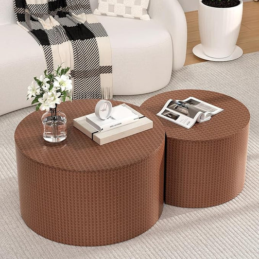 Round Nesting Coffee Table Set of 2 Modern Round Walnut Coffee Table Small Circular End Table Side Table Coffee Tables Circle Nested Coffee Tables for Living Room (Brown A Large)