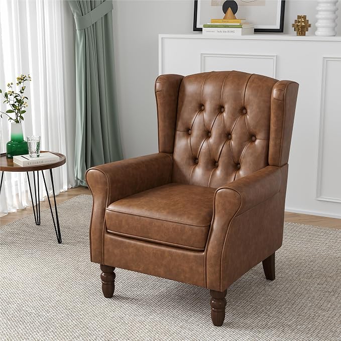 High Back Accent Chair, Faux Leather High Wingback Chair for Living Room, Button-Tufted Upholstered Armchair with Solid Wood Legs, Comfy Single Sofa Reading Chair for Bedroom, Brown