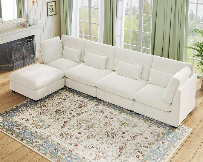 154" Oversized Chenille Couch Modular Sectional Sofa, Washable Cloud Couch Sectional with Ottoman, 5 Seater Sectional Couches for Living Room, Fully Cover Removable, L Shaped, Chenille, White