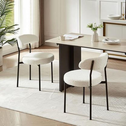 SoarFlash Dining Chairs, Beige Boucle Dining Chairs Set of 2, Kitchen Dining Room Chairs Curved Backrest Upholstered Mid Century Modern Chairs with Black Metal Legs