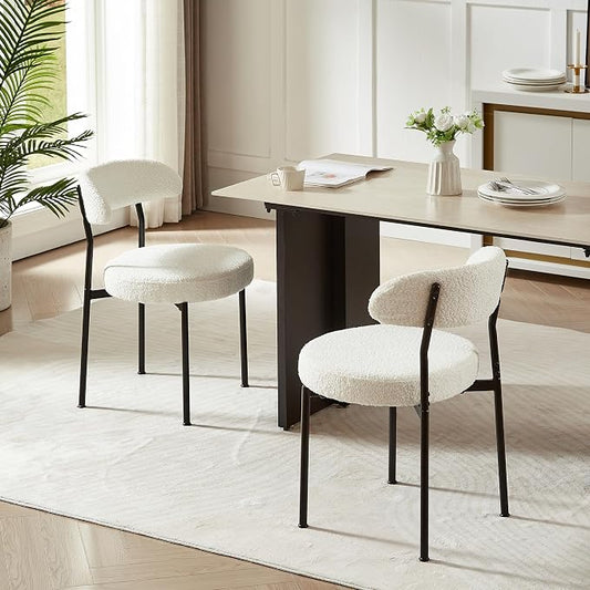 SoarFlash Dining Chairs, Beige Boucle Dining Chairs Set of 2, Kitchen Dining Room Chairs Curved Backrest Upholstered Mid Century Modern Chairs with Black Metal Legs