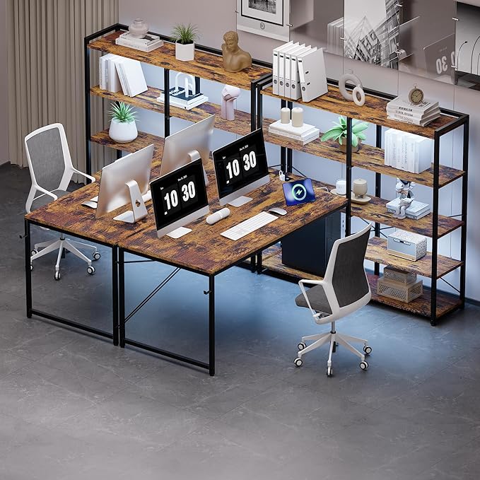 Pamray 49 Inch L Shaped Gaming Computer Desk with Shelves and Storage | Compact Reversible Design with LED Lights & Power Outlets, Suitable for Home Office Bedroom Small Spaces and Dorm Study Work
