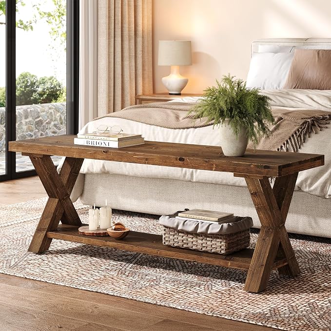 43.3" Solid Wood Bench, Farmhouse Wooden Entryway Bench with Storage Shelf, X-Shaped Leg Design, Entry Way Shoe Benches Seat for Hallway, Kitchen, Bedroom, Living Room