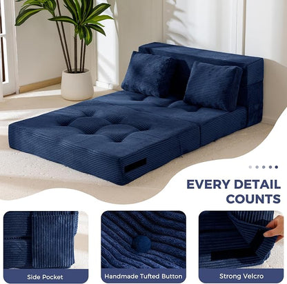 MAXYOYO Convertible Sofa Bed, Fold Out Sofa Couch with Pillow, 4 in 1 Tufted Folding Couch Bed Foam Floor Couch, Lazy Chair for Living Room Bedroom Guest Room, Navy