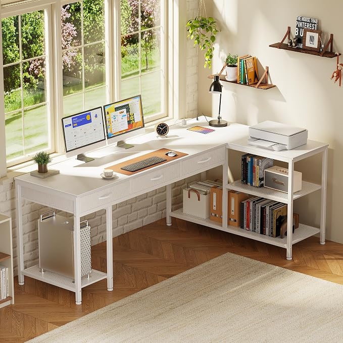 PRAISUN 63 Inch L Shaped Office Desk with Power Outlets and Type-C Port, Large Computer Gaming Desk with 3 Fabric Drawers, Mesh Shelves, Corner Study Work Writing Desk, White