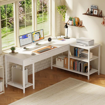 PRAISUN 63 Inch L Shaped Office Desk with Power Outlets and Type-C Port, Large Computer Gaming Desk with 3 Fabric Drawers, Mesh Shelves, Corner Study Work Writing Desk, White
