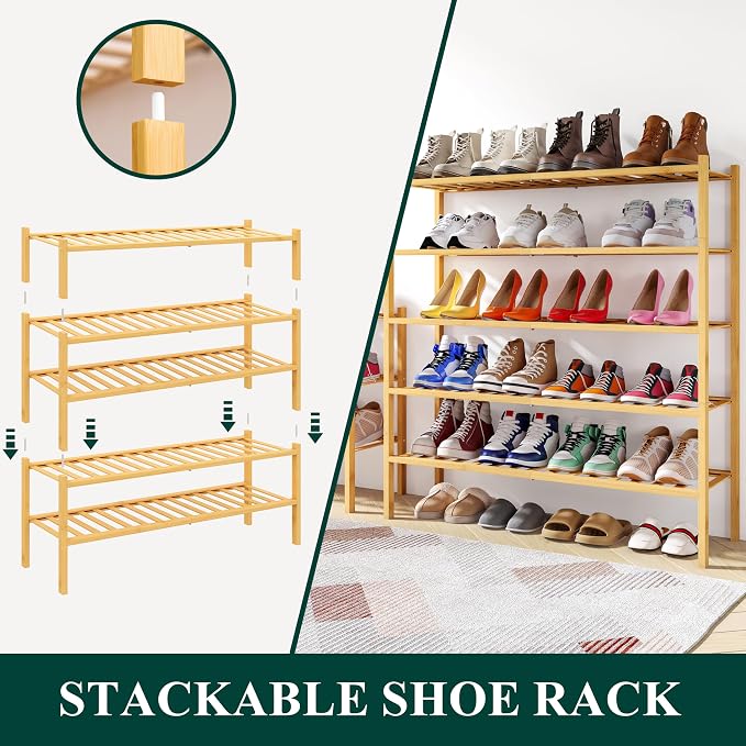 Smiry Long Bamboo Shoe Rack, 2 Tier Free Standing Wooden Shoe Organizer, Stackable Wood Shoe Storage Shelf for Closet, Entryway, 12 Vertical Slats, One-piece Standard Legs, 33.7"x11"x13", Natural