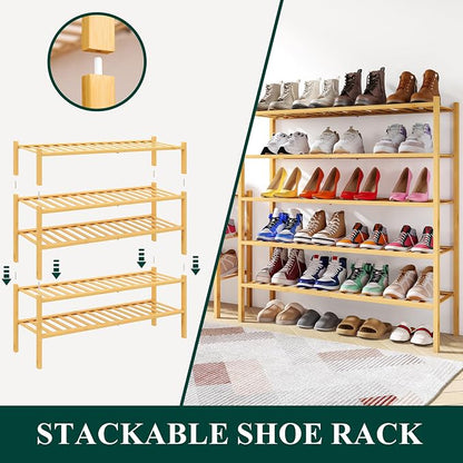 Smiry Long Bamboo Shoe Rack, 2 Tier Free Standing Wooden Shoe Organizer, Stackable Wood Shoe Storage Shelf for Closet, Entryway, 12 Vertical Slats, One-piece Standard Legs, 33.7"x11"x13", Natural