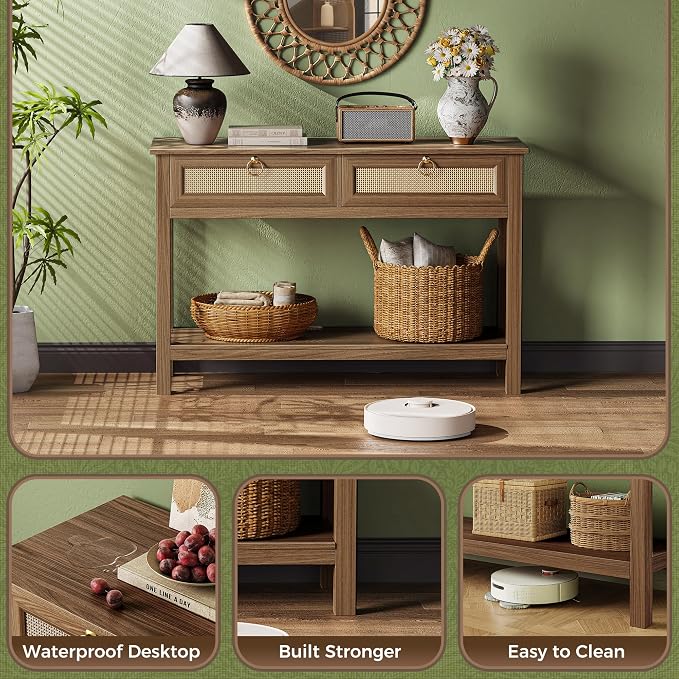 SUPERJARE Rattan Console Sofa Table with Outlets and USB-C Port, 2 Drawer Entryway Table with Synthetic Rattan Surface, 39 Inch, Open Shelf, Behind Couch Entry Foyer Hallway Storage, Brown