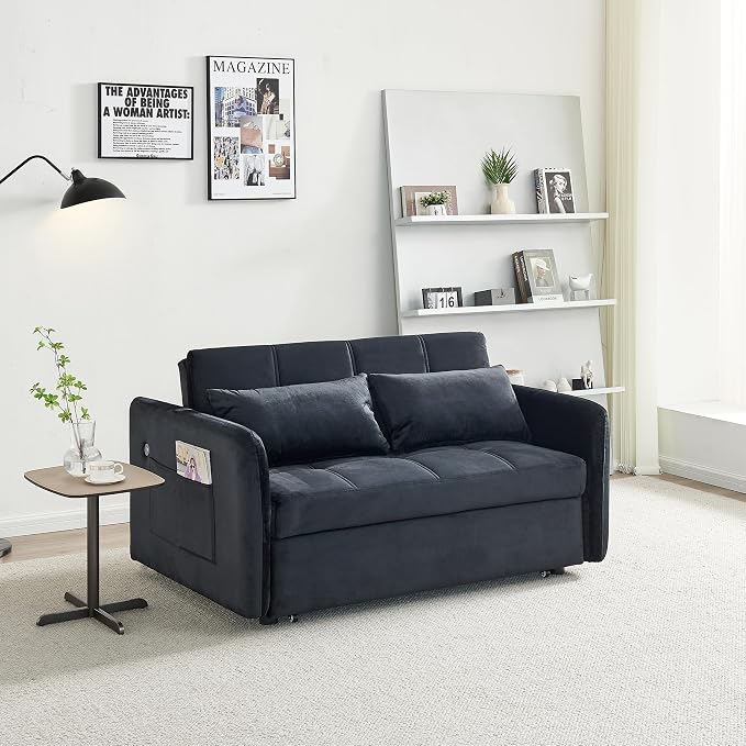55.5" Velvet Convertible Sofa Bed, Pull Out Sleeper Sofa Bed, Loveseat Couch with USB Charging Ports, 3 in 1 Convertible Sleeper Sofa Bed for Living Room, Apartment, Bedroom, RV, Black