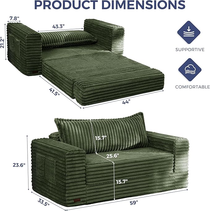MAXYOYO Convertible Sofa Bed, 2 in 1 Folding Couch Bed for Small Space, Pull Out Loveseat Sofa Couch with Large Back Pillow, Plush Fabric Lounge Couch for Living Room, Apartment, Dark Green