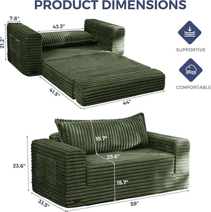 MAXYOYO Convertible Sofa Bed, 2 in 1 Folding Couch Bed for Small Space, Pull Out Loveseat Sofa Couch with Large Back Pillow, Plush Fabric Lounge Couch for Living Room, Apartment, Dark Green
