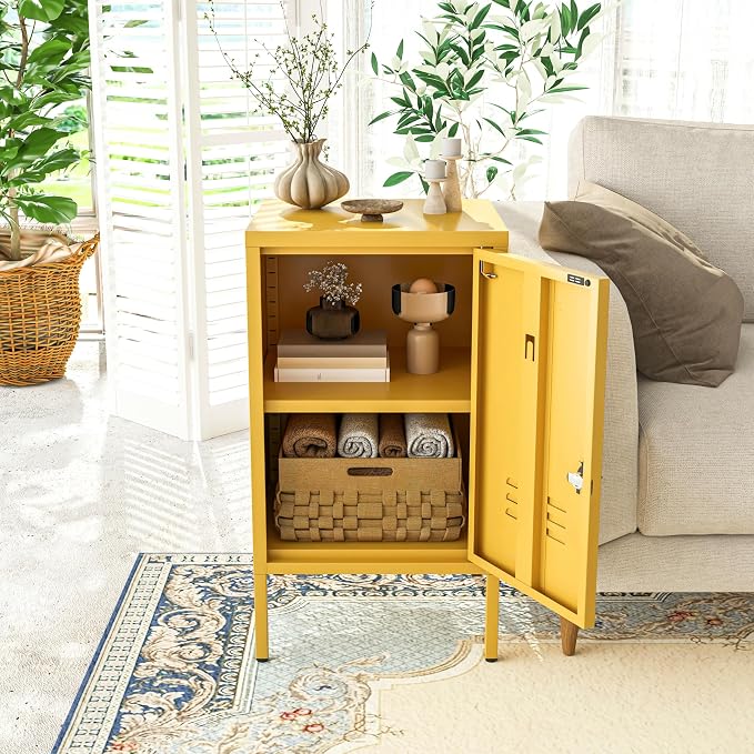 Single Door Lockable Metal End Table & Children's Bedside Table, 2-Tier Storage Cabinet with Adjustable Shelf, Easy Assembly Side Table for Living Room Bedroom Home Office Yellow