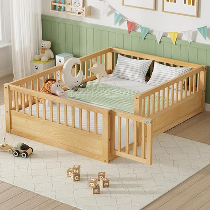 PVWIIK Full Size Floor Bed Frame with Convertible Door & Guardrails for Girls & Boys Bedroom,Montessori Bed/Near Ground Safety Design, No Box Spring Needed,Natural