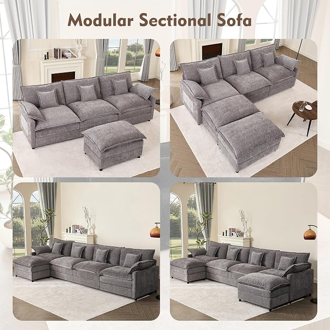 GOSUHI 142.5" U-Shaped Modular Cloud Couch, Deep Seat, Chenille Slate | Cloud Comfort, Couches for Living Room, Removable & Machine-Washable Covers, Movable Ottoman, Modular Sectional Sofa