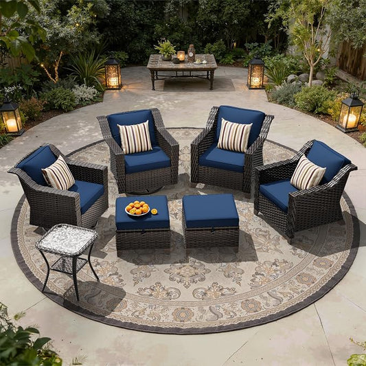 7 Pieces Patio Conversation Furniture Set - 2 Armchairs, 2 Ottomans, 2 Swivel Chairs, 1 Side Table, Outdoor Wicker Furniture with Removable Cushions for Porch, Balcony, Sunroom (Blue)